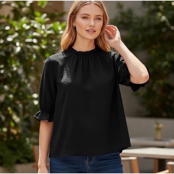 Madewell Tops - Madewell Blouse Women Small Black Clipdot Mock Neck Ruffle Puff Sleeve